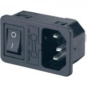 Beépíthető hálózati műszercsatlakozó dugó biztosítékkal és kapcsolóval, 3 pól., függőleges, 10 A, fekete, C14, 501637