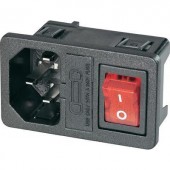 Beépíthető hálózati műszercsatlakozó dugó kapcsolóval, függőleges, 3 pól., 10 A, fekete, C14, K&B 59JR101-1FRS-LR150