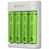 GP Batteries E411 + 4x ReCyko+ Mignon USB-s töltő Akkukkal NiMH Mikro (AAA), Ceruza (AA)